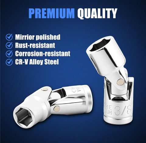One Quarter Inch Drive Universal Joint Socket Set With Swivel And Wobble Sockets Nineteen Piece Metric Five To Fifteen Millimeter