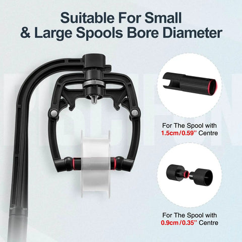 Fishing Line Winder Spooler Machine With Adjustable Spool Width And Spring Loaded Tension, designed for spools with various bore diameters.