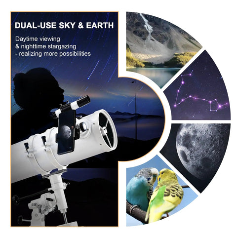 150mm Aperture Reflector Telescope For Adults With 750mm Focal Length Includes 5 Color Filters And 3x Barlow Lens Manual German Equatorial Mount With Smooth Slow Motion Altitude Lever For Serious Stargazing with night sky and nature scenes.