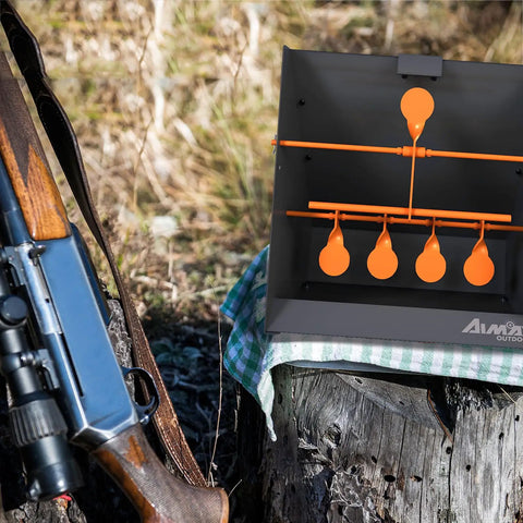 Outdoor Pellet Gun Target Trap with Center Shot, resetting metal targets, and paper targets on tree stump for practice