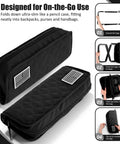 Go-To 2-In-1 Foldable Backpack Stool Heavy Duty Portable Seat For Fishing Hiking Picnics And Outdoor Adventures Thickened Collapsible Chair With Crossbody Sling Bag Hands Free Carry Black folded in a slim case with step-by-step folding instructions.