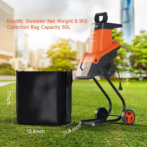 Beast 1800W Electric Wood Chipper Shredder with 50L bag on lawn, dimensions and capacity shown; for yard cleanup, mulching debris.