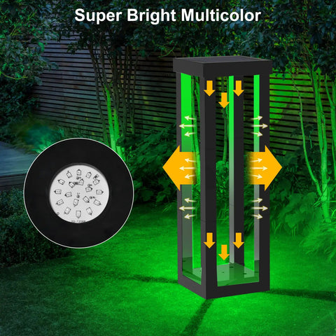 Solar Patio Floor Lamp 2 Pack Waterproof RGB Color Changing Garden Path Lights with super bright multicolor feature in a backyard setting.