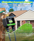 WiFi Garden Hose Timer With Brass Inlet Dual Zone Smart Sprinkler Controller on exterior wall; shows watering schedule and adjustment.