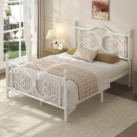 Full Size Metal Bed Frame Featuring Sculpted Butterfly Pattern Headboard In Shimmering White Polished Finish with pillows and blanket.