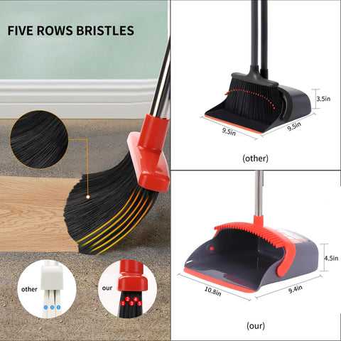 Extended Telescoping Broom And Dustpan Set With Adjustable Handle for Zero Bend Sweeping featuring five rows of heavy duty bristles.