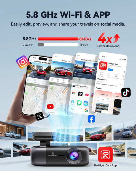 F9 Dual Dash Cam 4K Front And Rear 1080P With WiFi GPS App Control showing app connectivity and social media integration