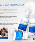 Instructional image showing how to apply Ghostbond XL adhesive for secure hairpiece bonding, featuring product bottles and application tips.