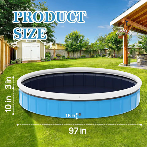 Extra Large Foldable Dog Pool 97-Inch Portable Hard Plastic Bath Tub For Dogs, Kids, And Pets in a backyard setting