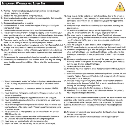 Safety instructions and warnings for using a power washer with precautionary icons and detailed guidelines.