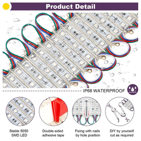 Close-up of 120Ft SMD5050 RGB Storefront LED Lights With Smart Bluetooth Control 240 LEDs Waterproof Module Kit showing waterproof feature.