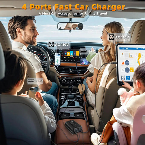 Road Warrior Approved 500 Watt Power Inverter For Cars Converting DC 12V To 110V AC With PD 20W Fast Charging USB Ports and Dual AC Outlets Zero Drama Plug And Play Adapter in family car setting.