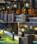Metal Solar Post Lights 2 Pack Solar Post Cap Lights for Fence Deck Garden Yard Patio Porch Outdoor Decor No Fuss Warm White Bright LED Filament Bulbs Cast Aluminum and Glass Shade illuminating fences and pathways.
