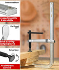 Close-up of Beefy 12 Inch Heavy Duty Bar Clamps Set Four Pack Drop Forged Steel F Clamps showing features like thickened shaft and swivel jaw