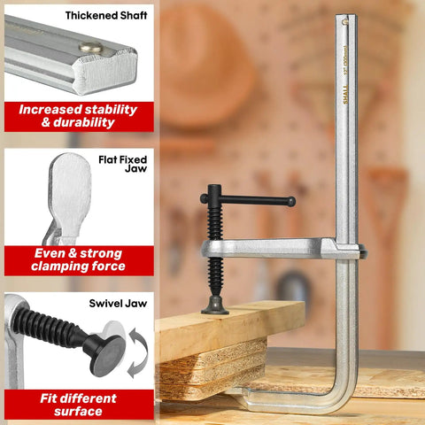 Close-up of Beefy 12 Inch Heavy Duty Bar Clamps Set Four Pack Drop Forged Steel F Clamps showing features like thickened shaft and swivel jaw