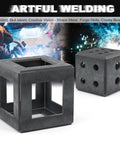 12 Piece Welding Practice Kit With One Eighth Inch Coupons For Beginners And Eleven Gauge Mild Steel Sheets For Crafting A Dice And A Cube Frame Ideal For Home Garages Hobby Welders And DIY Welding Practice showing a cube and dice structure.