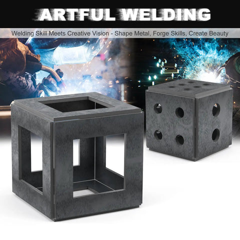 12 Piece Welding Practice Kit With One Eighth Inch Coupons For Beginners And Eleven Gauge Mild Steel Sheets For Crafting A Dice And A Cube Frame Ideal For Home Garages Hobby Welders And DIY Welding Practice showing a cube and dice structure.