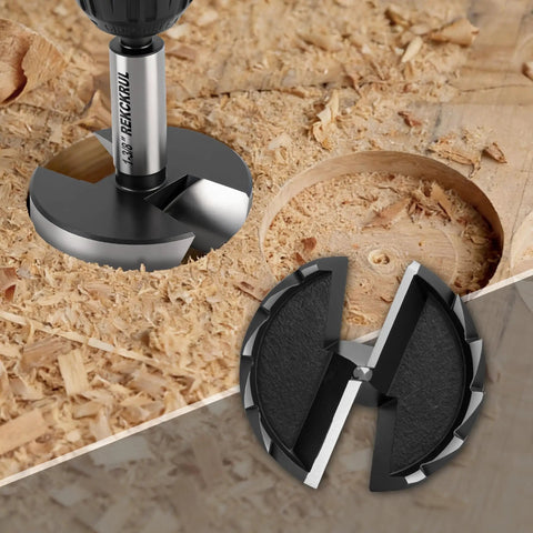 Close-up of 1 Inch Forstner Drill Bit for woodworking with ultra sharp serrated edge and center spur creating clean flat bottom hole