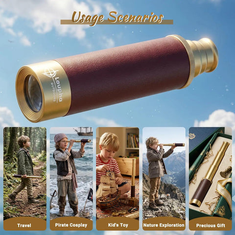 Old School Pirate Spyglass Monocular Telescope 25x30 Zoomable Pocket Size Handheld Collapsible With BAK4 Lens Leather Grip For Kids And Outdoor Explorers For Camping Trips And Sailing used by child outdoors