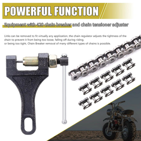 42 Link 420 Chain With Chain Breaker Fits Coleman CT200U CT200U EX BT200X Baja Warrior MB200 Massimo Trailmaster Predator 212cc 196cc 6.5HP Mini Bike Parts Upgrade And Repair shown with breaker tool, connectors, and chain tensioner.