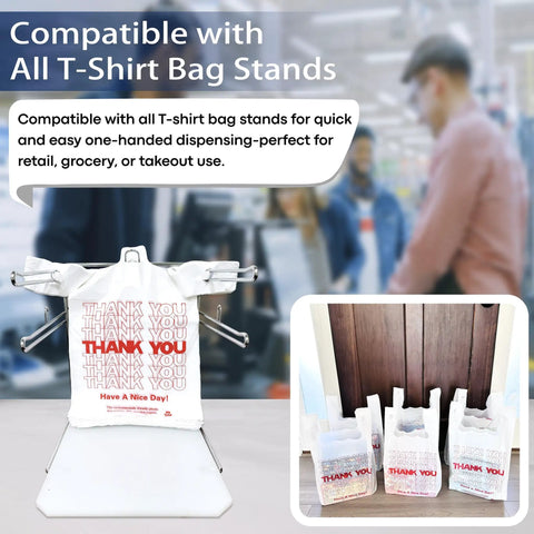 White Thank You Plastic Grocery Bags 11 By 6 By 21 Inches 100 Pack Reusable And Disposable Supermarket Bags displayed on stand
