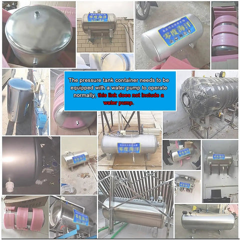 Collage of Heavy Duty 30 Gallon Stainless Steel Water Pressure Tank Kit Wall Mounted Auto Fill installations in various settings.
