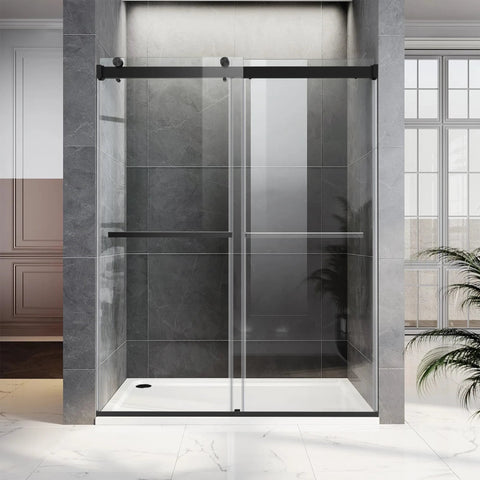 Frameless Double Sliding Shower Door With Adjustable 56 To 60 Inch Width And 76 Inch Height, 8mm Clear Tempered Safety Glass, Matte Black Stainless Steel Hardware, Reversible Left Or Right Door, Modern Bathroom Upgrade
