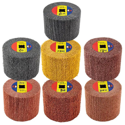 7 Pcs Abrasive Drawing Wheel Burnishing Wheel Finishing Drum For Metal Surface Conditioning Tool Drum 4.7 Inch By 4 Inch With Grits 60 80 120 180 240 320 600 Non Woven Fiber Pro Grade Polishing Set displayed in various colors and grits