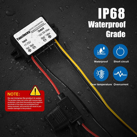 DC 24V To 12V Buck Converter 60W 5A Waterproof Regulator with cables and protective case, IP68 rating, for golf carts.