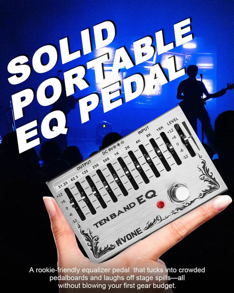 10-Band Equalizer Pedal For Guitar And Bass With Low-Noise And True Bypass showcased in hand against a blue stage background
