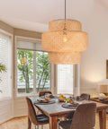 Bamboo Pendant Light For Kitchen Island And Living Room, Handwoven Rattan Chandelier Shade, hanging over dining table in cozy room