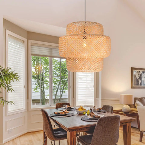 Bamboo Pendant Light For Kitchen Island And Living Room, Handwoven Rattan Chandelier Shade, hanging over dining table in cozy room