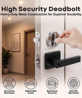 Keyless Deadbolt Lock With Double Plate And Satin Nickel Protecting Patios And Doors While Providing Slick Operation Via A Hidden Exterior Shell Removing Outside Keyholes To Secure Your Place Tight installed on a modern door.