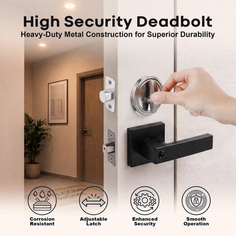 Keyless Deadbolt Lock With Double Plate And Satin Nickel Protecting Patios And Doors While Providing Slick Operation Via A Hidden Exterior Shell Removing Outside Keyholes To Secure Your Place Tight installed on a modern door.