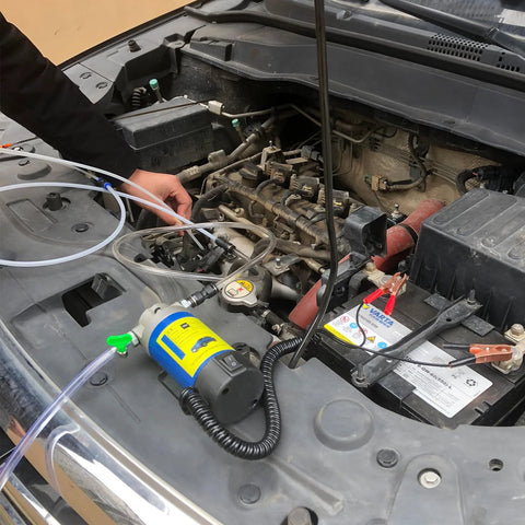 AIGMISON 12V 100W engine oil pump with clear tubing under car hood