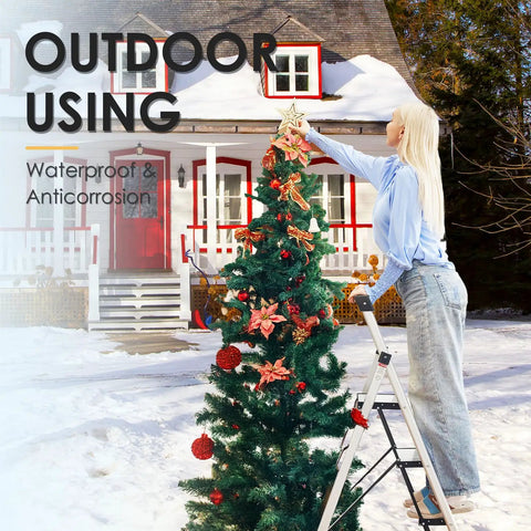 Person using Five Step Aluminum Ladder With Tool Tray, Anti Slip Folding Stool For Adults against outdoor Christmas tree.