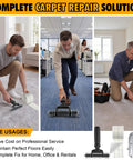 Upgraded Carpet Repair Kit With 5 Inch Star Wheel Seam Roller 4 Inch By 30 Foot Double Sided Heatless Carpet Tape And Heavy Duty PVC Pipe Cutter For Easy DIY Home And Office Floor Fixes, shown in home and office use