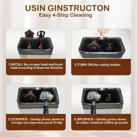 Automatic Electric Espresso Portafilter Cleaner With Triple Scrapers And Rotary Brush For Quick Puck Dumping cleaning instructions.