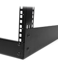 Close-up of Top Shelf 12U Two Post Desktop Open Frame Rack for 19 Inch Networking and IT Gear, showcasing heavy duty metal construction.