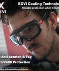 Man wearing Anti Fog Safety Glasses With Rubber Gasket Seal Up To 95 Percent, Non OTG ANSI Z87.1, UV400 Protection, Scratch Resistant Lenses, Dust And Liquid Shield, Adjustable Flexible Frame For All Day Comfort Worksite Ready with EXVI coating technology.