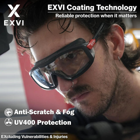 Man wearing Anti Fog Safety Glasses With Rubber Gasket Seal Up To 95 Percent, Non OTG ANSI Z87.1, UV400 Protection, Scratch Resistant Lenses, Dust And Liquid Shield, Adjustable Flexible Frame For All Day Comfort Worksite Ready with EXVI coating technology.