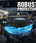 YZONA Ram 2500/3500 front bumper with winch plate, LED bar, red D-rings, license plate lights.