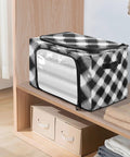 Totally Slick Foldable Storage Bin With Clear Vinyl Window And Reinforced Steel Frame Dual Zippered Openings For Hassle Free Access Checkered Pattern on a shelf.