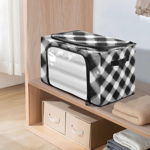 Totally Slick Foldable Storage Bin With Clear Vinyl Window And Reinforced Steel Frame Dual Zippered Openings For Hassle Free Access Checkered Pattern on a shelf.