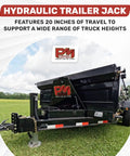 Heavy Duty 12,000 Lb Hydraulic Trailer Jack With Power Unit Kit Bolt On Double Acting Lift For Trailer Towing And Maintenance shown installed on black trailer in grassy field.