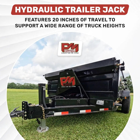 Heavy Duty 12,000 Lb Hydraulic Trailer Jack With Power Unit Kit Bolt On Double Acting Lift For Trailer Towing And Maintenance shown installed on black trailer in grassy field.