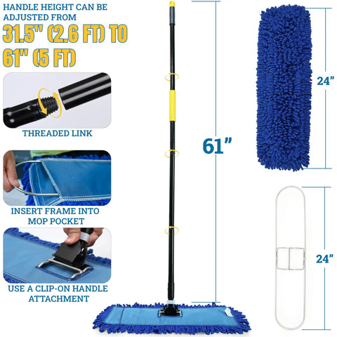 Heavy Duty 24 Inch Microfiber Dust Mop Kit With 61 Inch Extendable Handle And Two Quick Swap Pads For Top Shelf Floor Cleaning And No Fuss Commercial Floor Care Today, adjustable handle and mop pad.