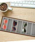 Keep Your Gear Sorted With This Hella Practical 3 Piece Wooden Sunglasses Display Stand Featuring Seven Grid Compartments And Soft Cloth Lining For Shades Jewelry And Watches, showing sunglasses organized in a light brown wooden tray.