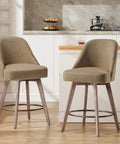 26 Inch Counter Height Swivel Bar Stools Set Of 2 With Backs Linen Upholstery Solid Wood Legs Mid Century Modern Kitchen Island Chairs Easy Clean Fabric Sand Brown