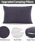 Two Pack Camping Pillows With Plush Fill And Washable Covers, grey pillow with zipper closure and plush filling detail